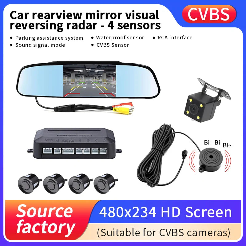 4.3 Inch Car Rearview Mirror Reversing Radar 4 Parking Sensors HD Screen For CVBS Camera Waterproof Parking Assistance System