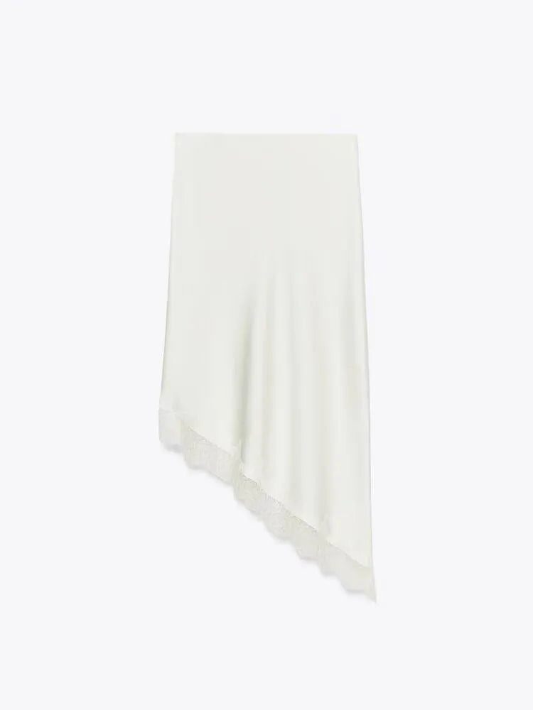 Winter New Arrival Women's Simple Versatile Mid-Waist Lace Trim Silk Satin Skirt Elegant Ethnic Stage Costume