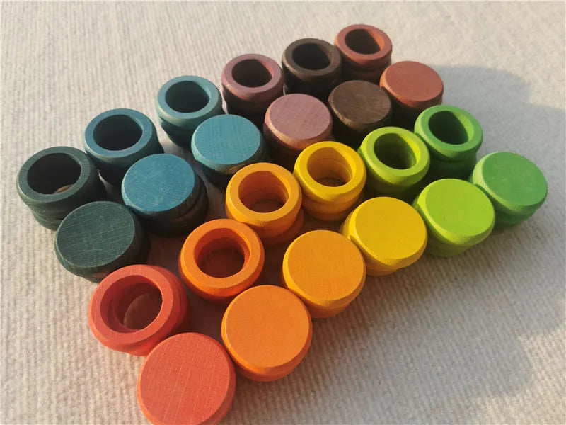 Kids Wooden Toys Beech Rainbow Coins and Rings Stacking Blocks with Peg Dolls Loose Parts