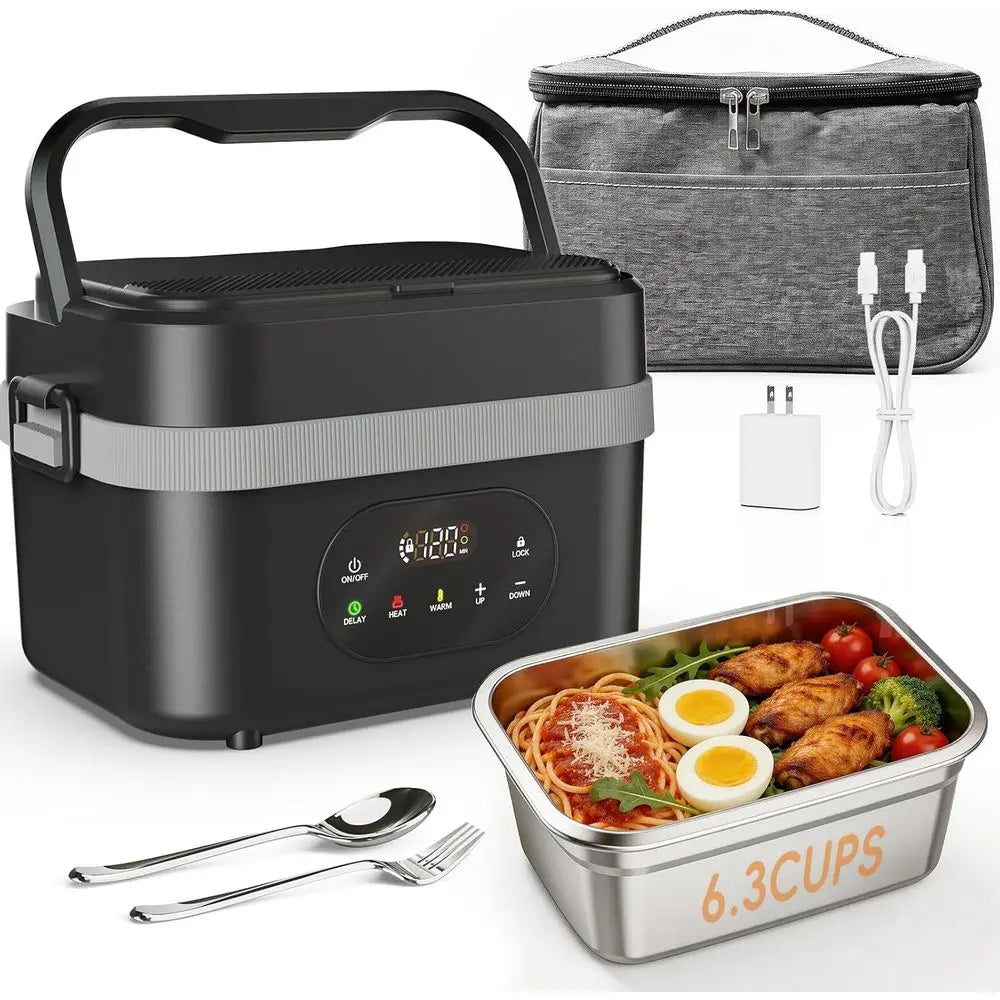 Rechargeable 6.3-Cup Electric Lunch Box with Scheduled Heating & Auto Warm for Adults - Portable Food Warmer for Work, Office &