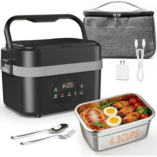 Rechargeable 6.3-Cup Electric Lunch Box with Scheduled Heating & Auto Warm for Adults - Portable Food Warmer for Work, Office &