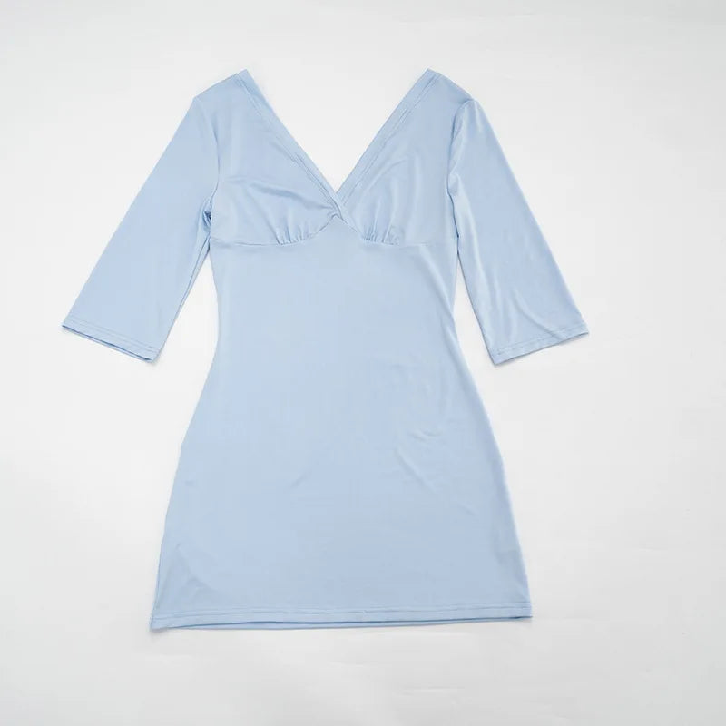 Tsiisd Women's Blue Deep V Neck Mini Dress Slim Office Commute Summer Daily  Streetwear Fashion Party Dress Female Bodycon Dress