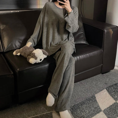 Grey Knitted Fleece Lined Long Sleeve Sleepwear Set for Men Autumn Winter Warm Home Clothes Set Large Size Comfortable Leisure