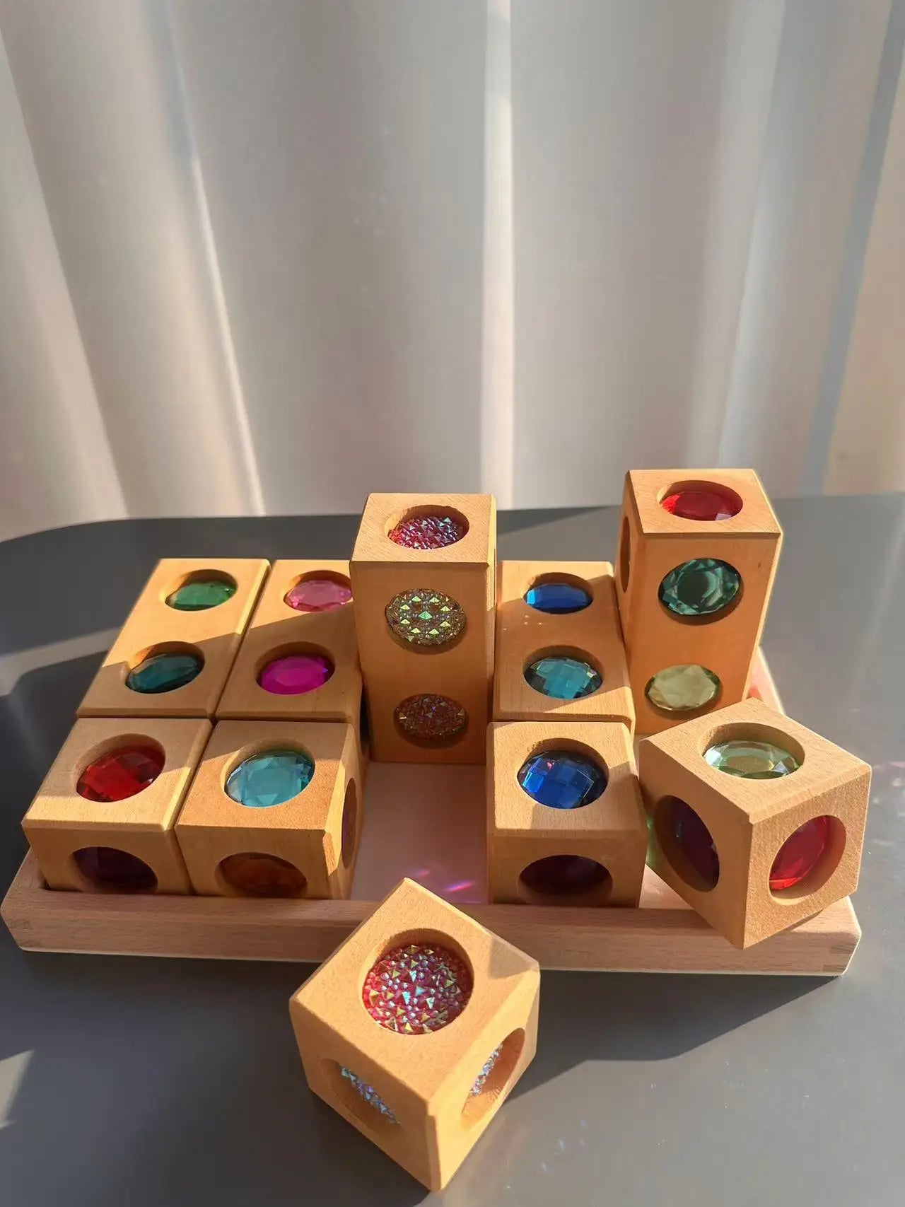 New Kids Acrylic Sparkling 6 sides 3D Gems Wooden Blocks Toy Rainbow Lucite Crystal Steps Building Play Birthday Gift