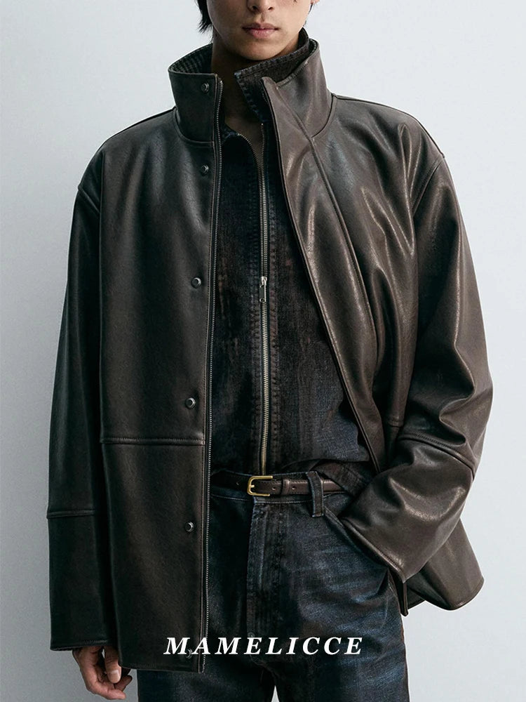 MAMELICCE Original design wool stand collar jacket Contrasting PU faux leather Casual coat Men's clothing Vintage jackets