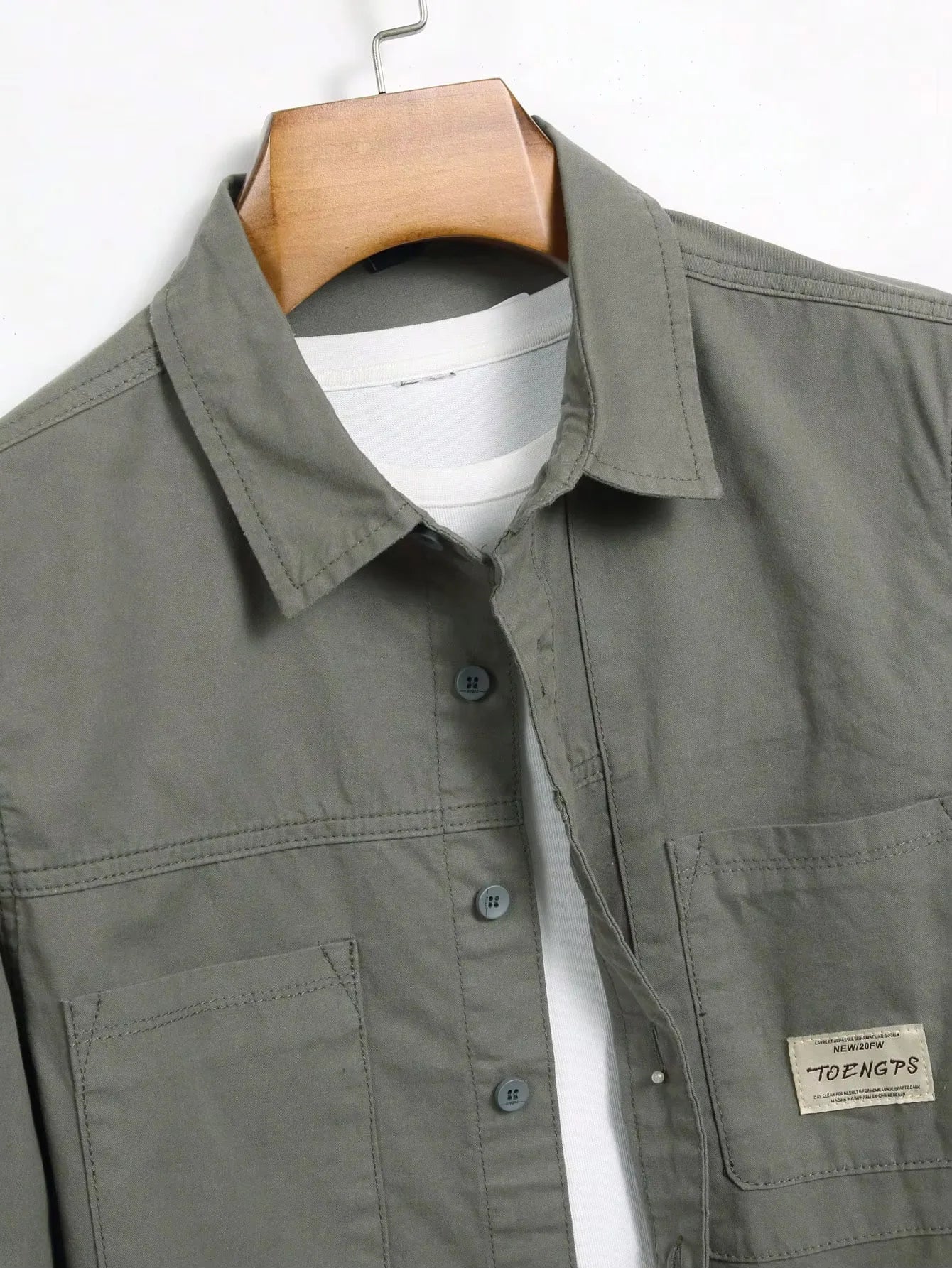 Men's Vintage Army Green Casual Denim Shirt, 100% Cotton Long Sleeve Lapel Work Shirt with Pockets