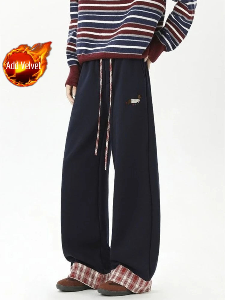 Trendy Plaid Cuffed Joggers for Men Women Thick Warm Fleece Lining Loose Straight Leg Casual Cotton Pants Comfy Daily Wear