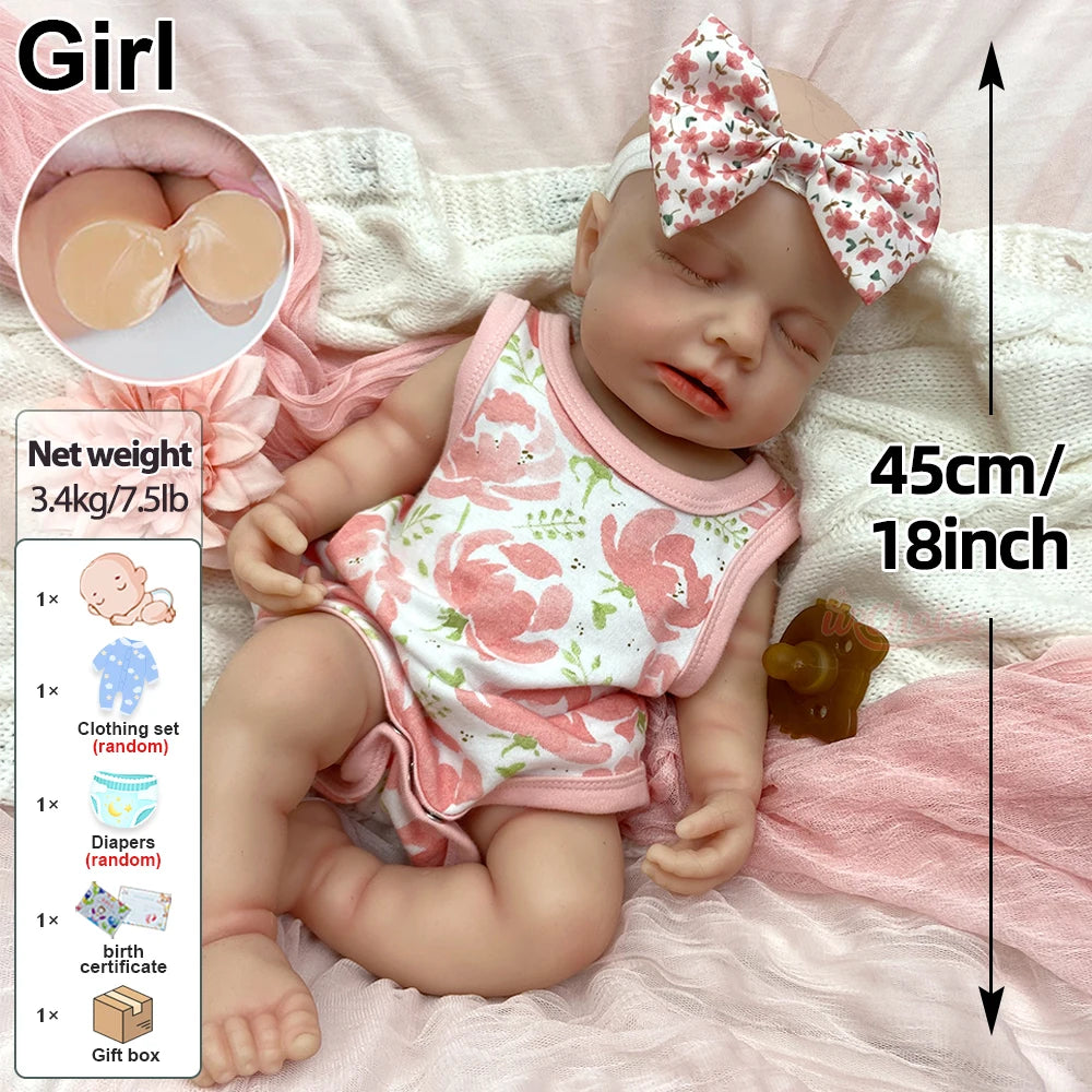 18Inch Handmade Lifelike Silicone Reborn Baby Open Mouth Doll Soft Waterproof Artistic Model Exquisite Texture Details for Gift