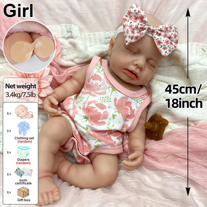 18Inch Handmade Lifelike Silicone Reborn Baby Open Mouth Doll Soft Waterproof Artistic Model Exquisite Texture Details for Gift