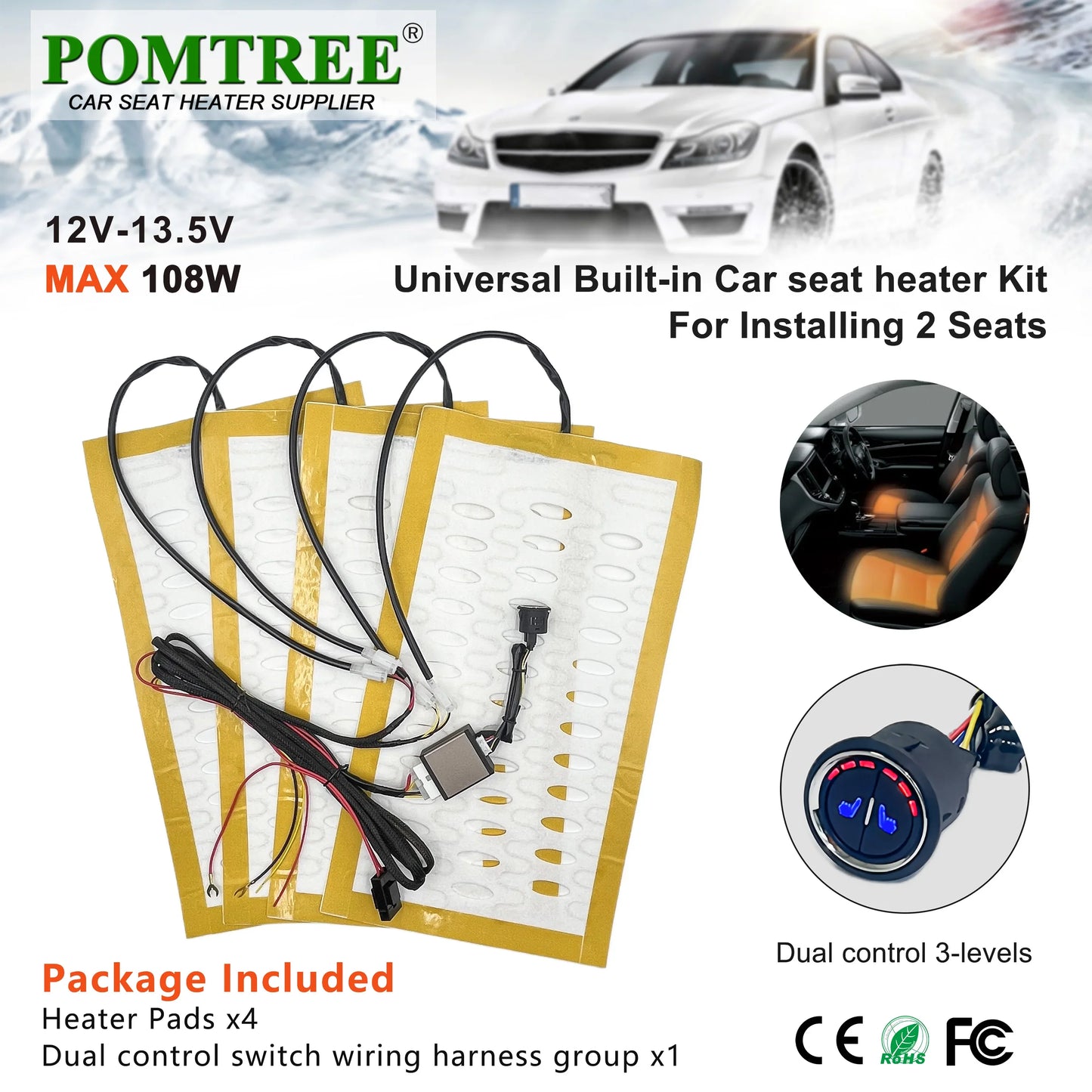 Universal Built-In Car Seat Heater Kit Fit 2 Seats,108W Alloy Wire Heating Pads 3-Level Dual Control Switch with Wiring Harness