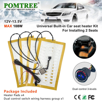 Universal Built-In Car Seat Heater Kit Fit 2 Seats,108W Alloy Wire Heating Pads 3-Level Dual Control Switch with Wiring Harness