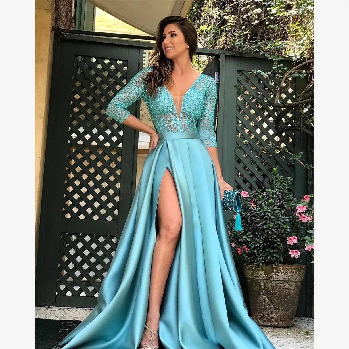 Sexy V-Neck Party Dress Long Evening Gown for Women Skin Leather Material Cotton 100% KTV Costume Suitable Scene