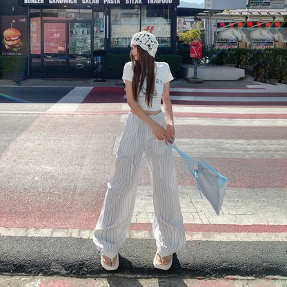 High-waist loose wide-leg pants, spring and summer new drawstring vertical striped versatile straight-leg casual pants for women
