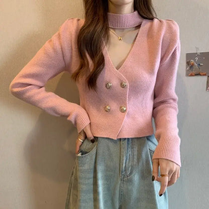 Elegant V-Neck Bubble Sleeve Knitwear Short Top Fashion Trend Neck Hanging Style Girl's French Style Slim Fit Long Sleeve Autumn