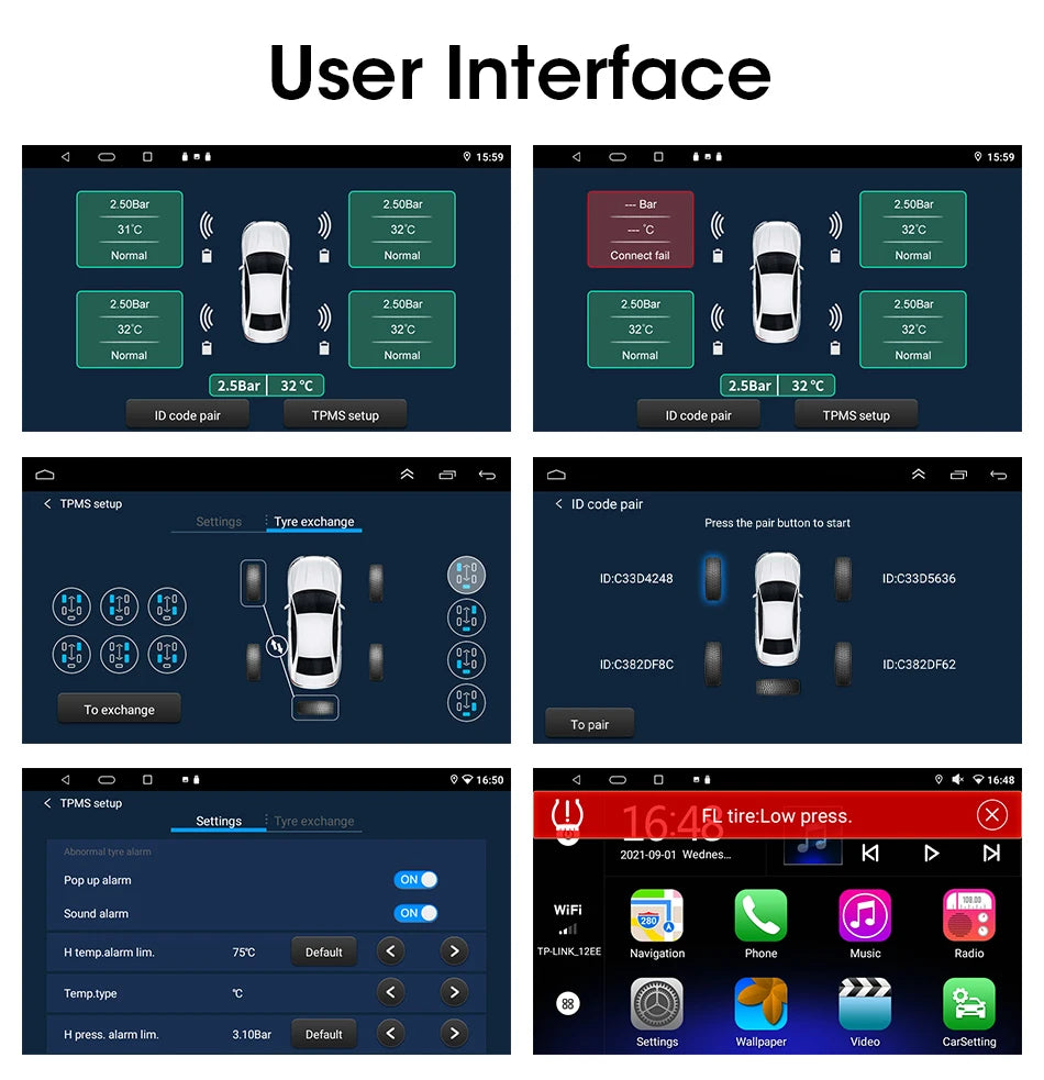 JMCQ USB Android TPMS Tire Pressure Monitoring System Display Alarm System Internal External 5 Sensors For Car Navigation Radio