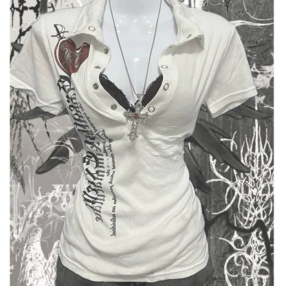 Retro American Hot Girl Print Short Sleeve Slim Fit T-Shirt Women's Summer New Style Versatile Slimming Top Cotton Polyester