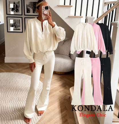 KONDALA Fall Women Elegant Pant Set Simple O-Neck Zipper Jacket, Slim Drawstring Flared Pants 2025 Spring Autumn Casual Lady Set