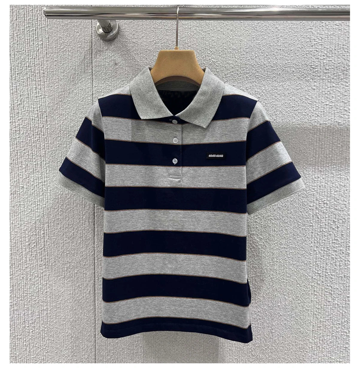 Sweet Cool Girl Spring New Style Miu Style Embroidered Letter Grey Blue Color Block Stripe  Short Sleeve Women's Top