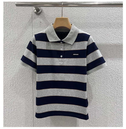 Sweet Cool Girl Spring New Style Miu Style Embroidered Letter Grey Blue Color Block Stripe  Short Sleeve Women's Top