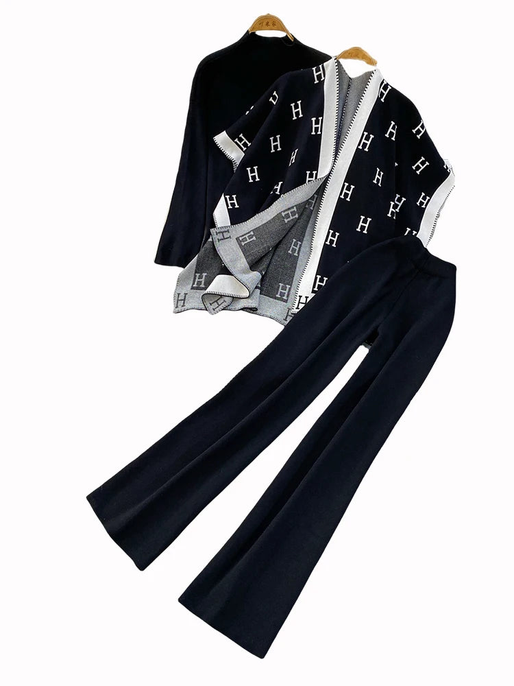 Faionable Knitted Tee-Piece Set Women's Loose Fit Autumn Winter Cardigan Embroidered Letter Sweatirt Wide Leg Pants