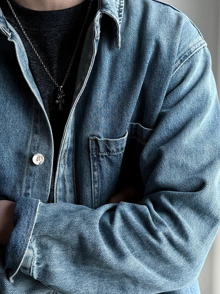 American Vintage Washed Distressed Denim Shirt Mens Plus Size Long Sleeve Spring Fall Casual Premium Trendy Classic Blue Tops