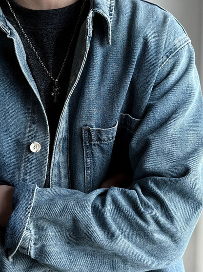 American Vintage Washed Distressed Denim Shirt Mens Plus Size Long Sleeve Spring Fall Casual Premium Trendy Classic Blue Tops