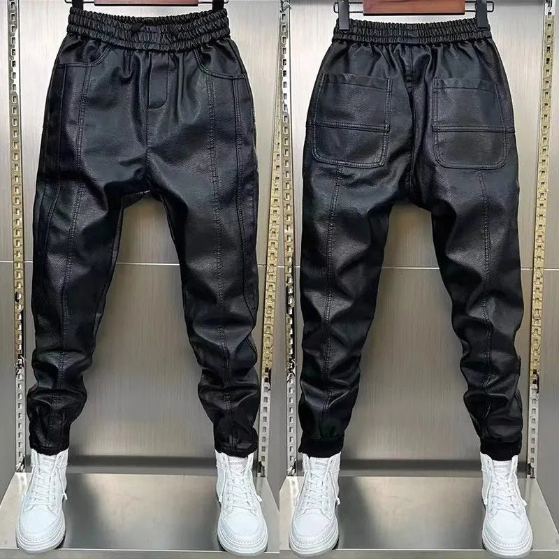 Men's Fleece Lined Thickened Leather Pants Motorcycle Delivery Rider Biker Trousers Warm Windproof Waterproof for Autumn Winter