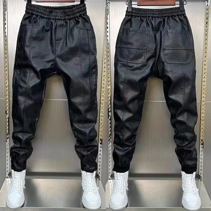Men's Fleece Lined Thickened Leather Pants Motorcycle Delivery Rider Biker Trousers Warm Windproof Waterproof for Autumn Winter