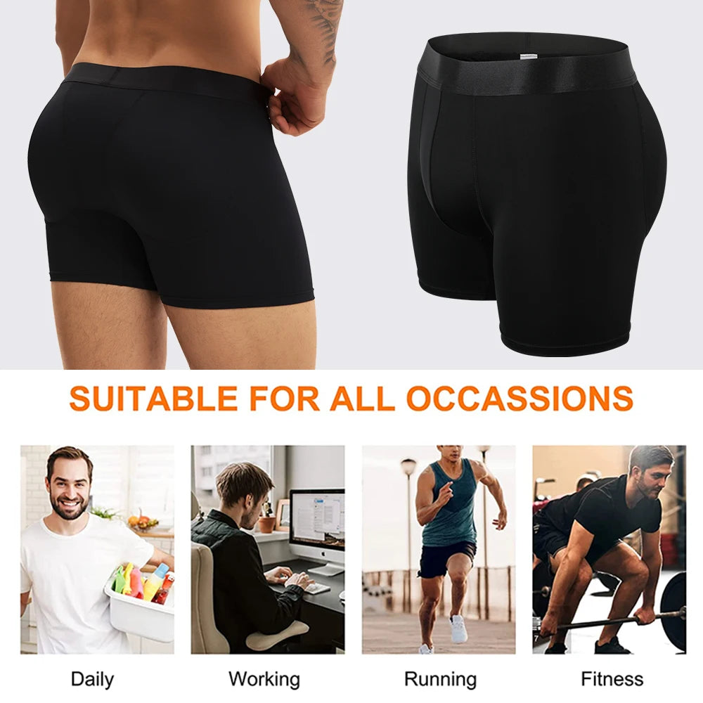 Men Butt Lifter Underwear 3D Pouch Boxer Briefs Antibacterial Auick-Drying Panties Shaper Removable Fake Butt Pad Black S-2XL