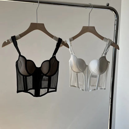 French Long Fishbone Mesh Patchwork Bra Set Slim Shaping Chest Lift Up Sexy Lingerie Outfit Soft Comfortable Underwear S-XL Suit