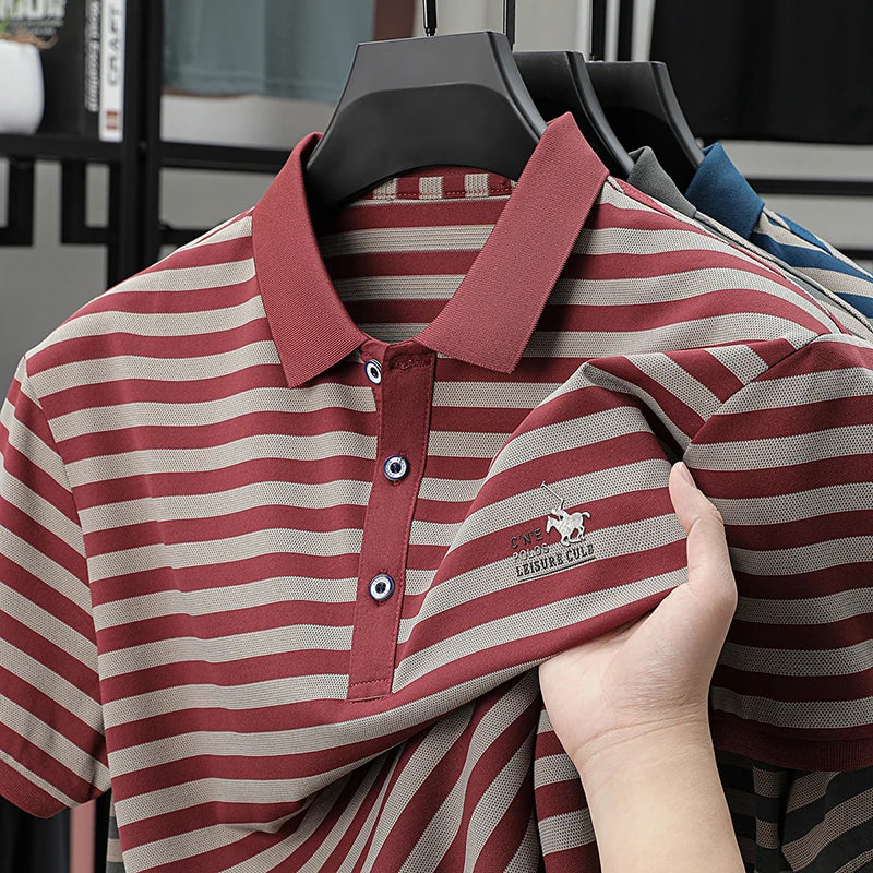Spring New Men's Collar Polo Shirt Striped Cool Breathable T-shirt Base Shirt