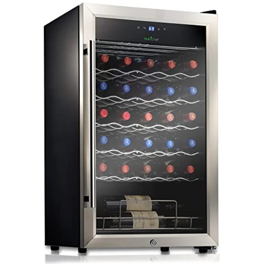Home office wine cooler: stainless steel, black, 34-bottle capacity, single-zone with adjustable 41F64F temperature control and