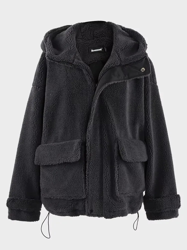 Nerazzurri Autumn Winter Oversized Black Warm Faux Fur Coat Women with Drawstring Hood Long Sleeve Zip Up Fluffy Jacket Menswear