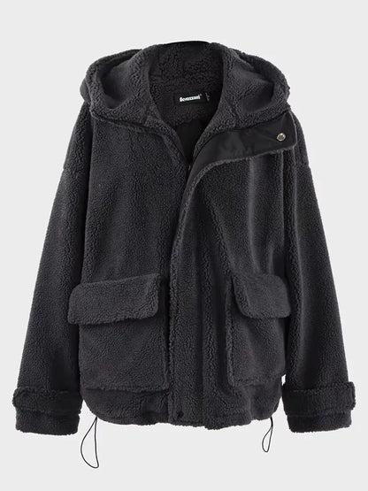 Nerazzurri Autumn Winter Oversized Black Warm Faux Fur Coat Women with Drawstring Hood Long Sleeve Zip Up Fluffy Jacket Menswear