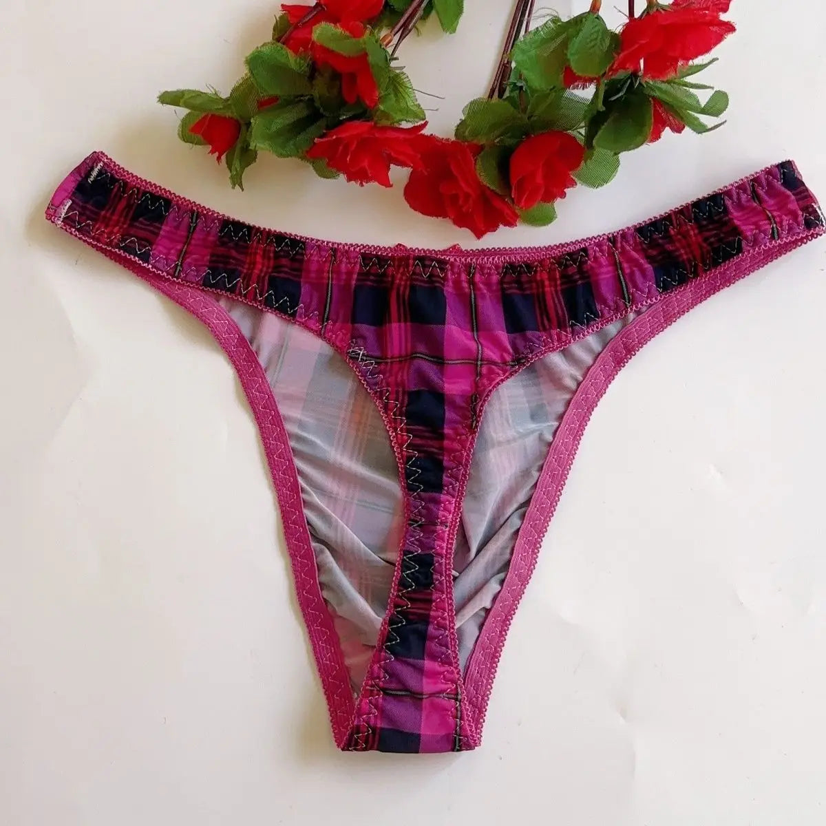 Plaid Thin Sexy Man's Thong Couple Bow Briefs Breathable Tanga T-Back Underwear