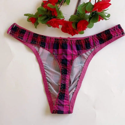 Plaid Thin Sexy Man's Thong Couple Bow Briefs Breathable Tanga T-Back Underwear