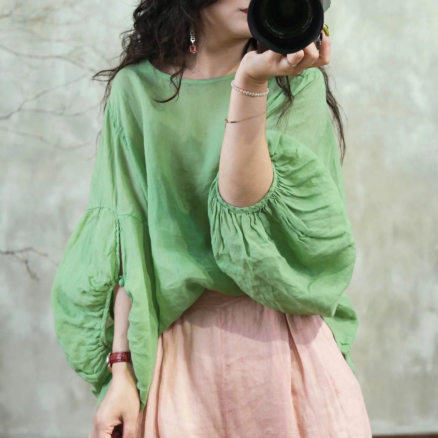 Elegant round Neck Lantern Sleeve Shirt Women's Casual Slimming Cotton Linen Fashionable Top High-End Brand New Style
