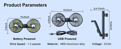 Hipacool Battery Dual Head Fan for Car Backseat with Retractable Long Arm USB Rechargeable Car Seat Headrest Cooling Fan