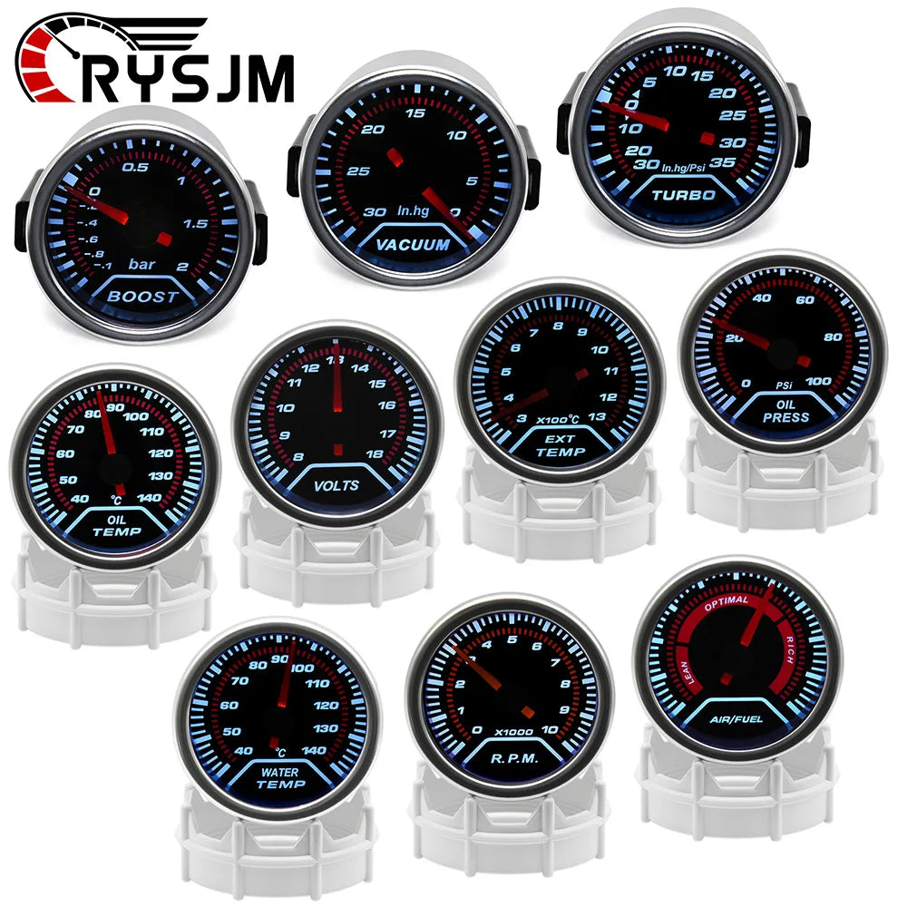 52mm Racing Gauge 12V LED Smoke Len -1~0~2 BAR Turbo Boost Water Temperature Oil Pressure Voltmeter Air Fuel Ratio Meter For 12V