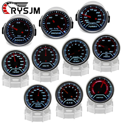 52mm Racing Gauge 12V LED Smoke Len -1~0~2 BAR Turbo Boost Water Temperature Oil Pressure Voltmeter Air Fuel Ratio Meter For 12V