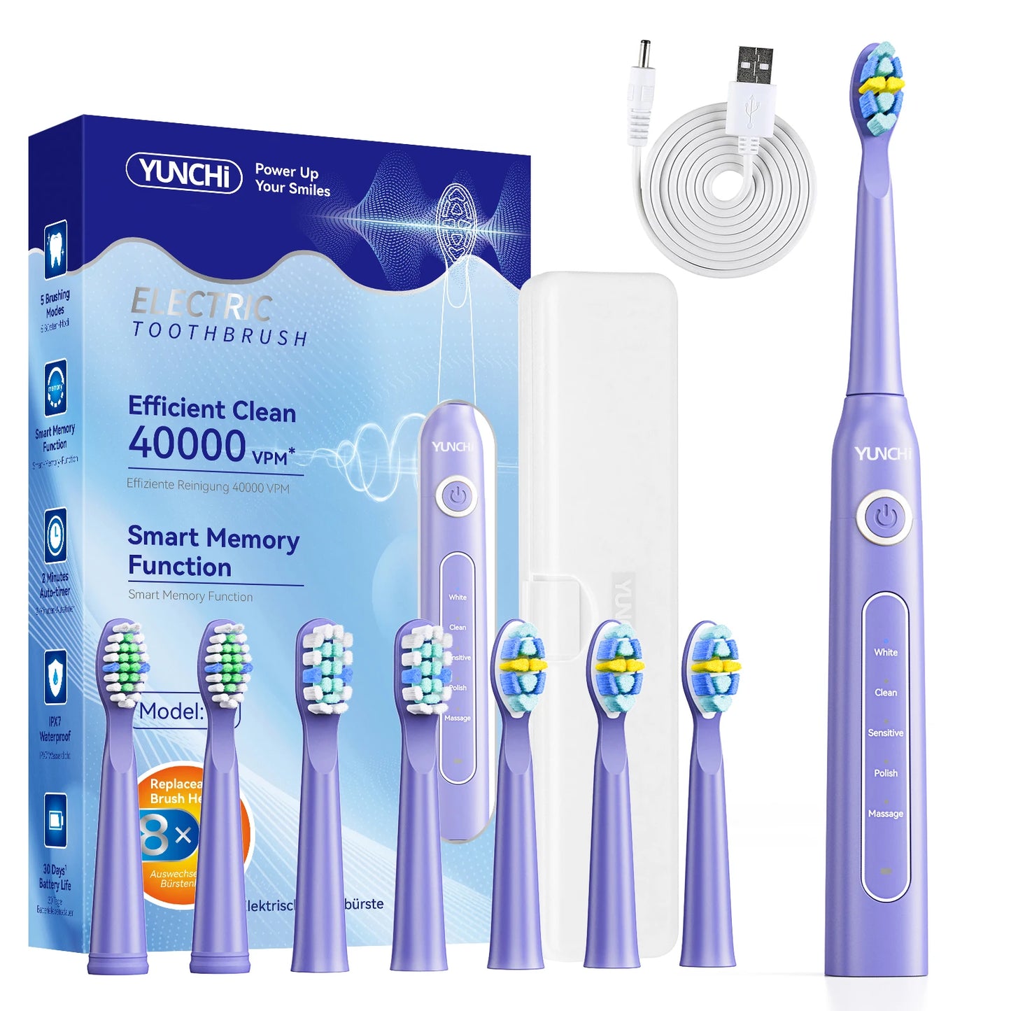 YUNCHI electric toothbrush ultrasonic adult electric toothbrush 5 cleaning modes 2-minute intelligent timed USB fast charging