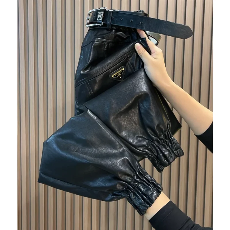 Autumn Winter Leather Pants Fashion High Quality Leg Windproof Plus Velvet Haren Pants All-Match Slimming Casual Trousers Women
