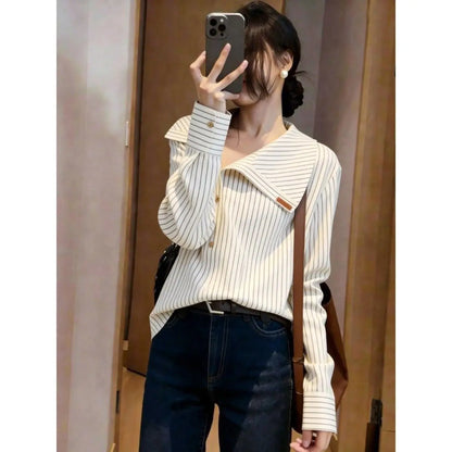 Elegant Unique Stylish Spring 2026 Casual Shirt Design Sensation  Personality Long Sleeve Striped Navy Collar Loose Fit