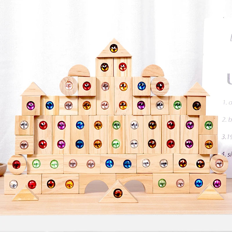 Kids Wooden DIY Blocks Sparkling Acrylic Toy Montessori Rainbow Gem Stacking Blocks Colorful Educational Wooden Creative Toys