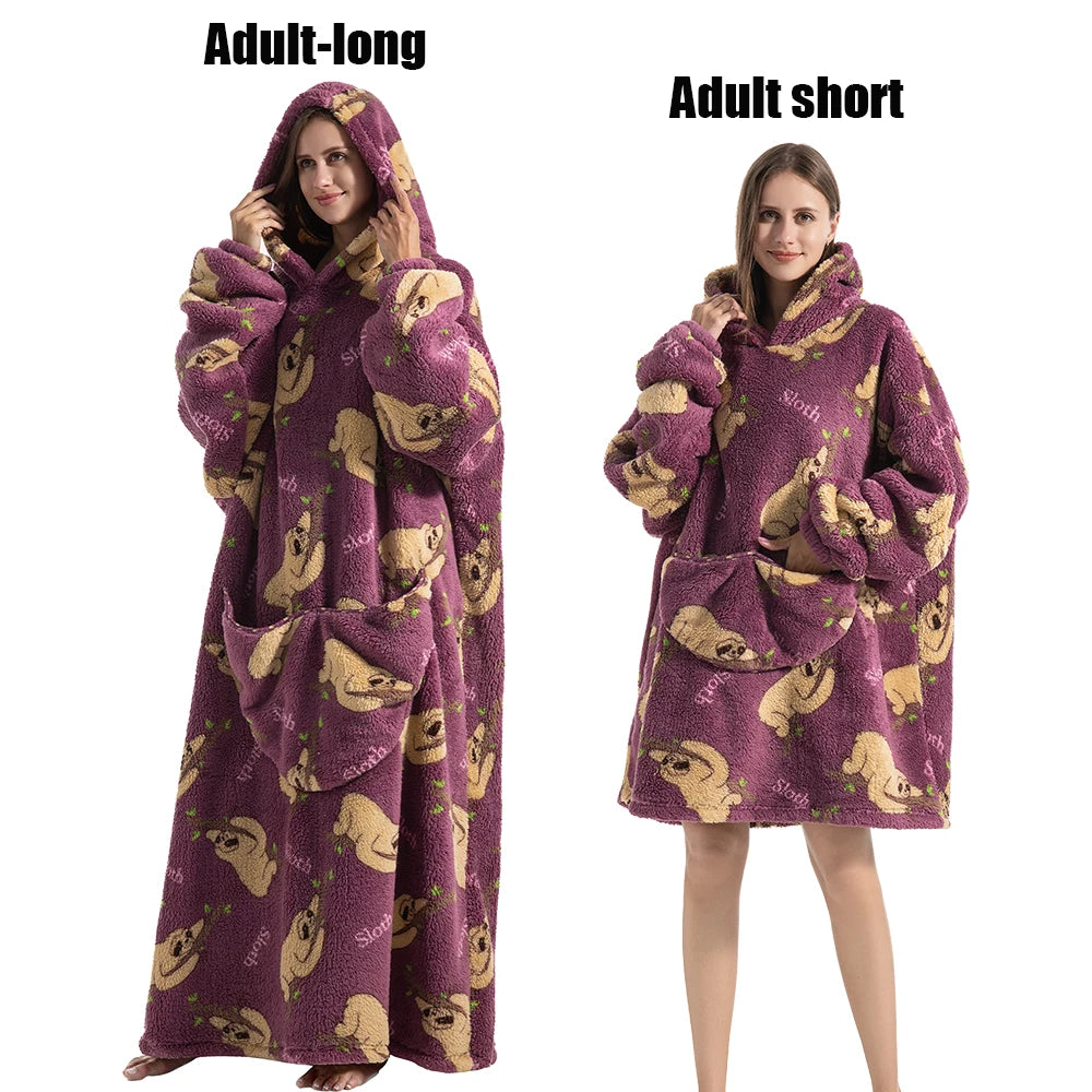 Thick Flannel Blanket Hoodies for Women Adult Panda Wolf Cat Pullover Winter Sherpa TV Blanket Homewear Oversized Sweatshirts