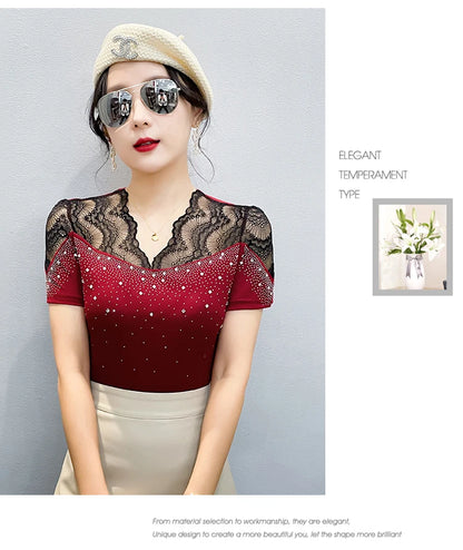 2026 Summer Women Tops New Korean Fashion Diamond Mesh T Shirt V-neck Short Sleeved Patchwork Lace Shirt
