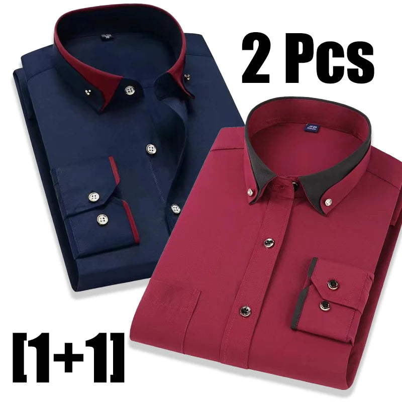 Fashion Color Contrast Men's Elastic Non-iron Long-sleeved Business Shirts Diamond Button Single Pocket Comfort Workwear Clothes