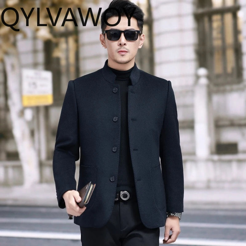 QYLVAWOY Men's Wool and Trench Coats Man Jacket Cashmere Stand Collar Jackets Goose Down Liner Thicken Clothes for Man High-end