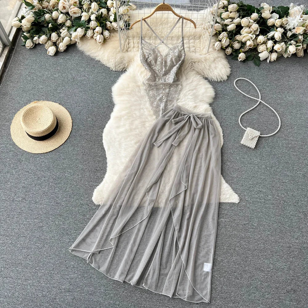 Sexy Lace Strap Jumpsuit Slim Fit Transparent Women's Pajamas Halter Playsuit Erotic Lingerie Catsuit Backless Hollowed Bodysuit