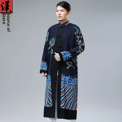 Retro Chinese Sle Youth Men's Long irt Fake Two-Piece Silk Printed Cotton Linen Hanfu Tang Costume Robe Summer Casual Wear